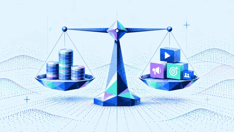 Eine blaue Balkenwaage: links Stapel aus Münzen, rechts Symbole für Video, Werbung, Ziel und Zielgruppe.