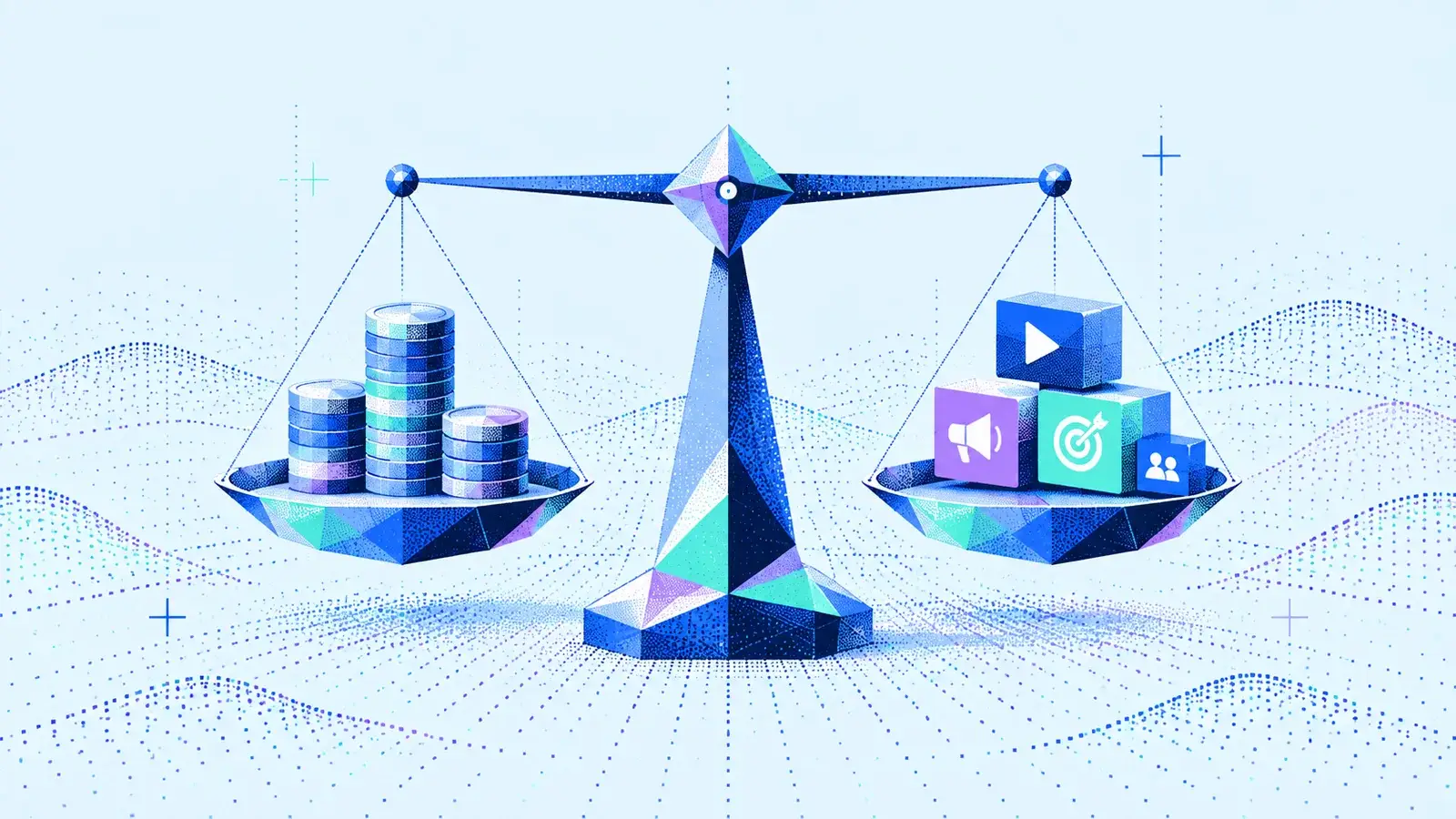 Eine blaue Balkenwaage: links Stapel aus Münzen, rechts Symbole für Video, Werbung, Ziel und Zielgruppe.