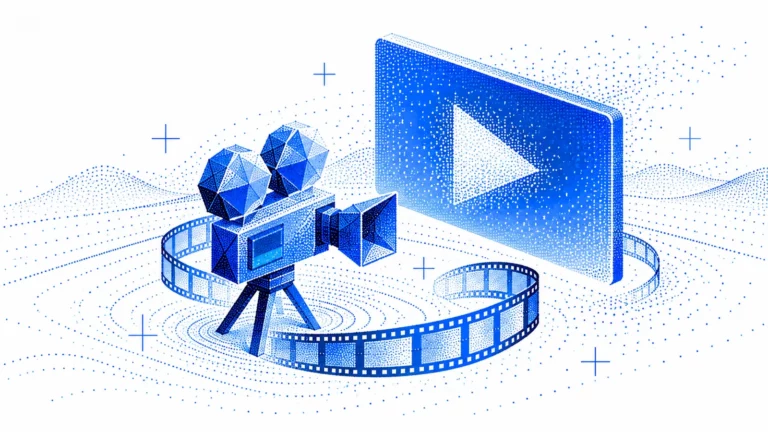 Eine blaue Filmkamera auf einem Stativ, um sie ein Filmstreifen, dahinter eine große Leinwand mit Play-Symbol.
