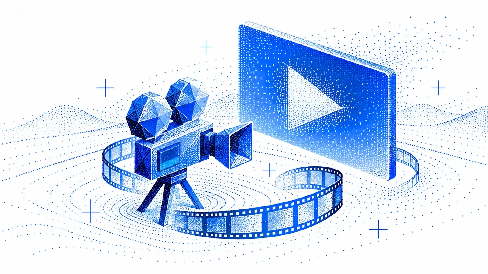 Eine blaue Filmkamera auf einem Stativ, um sie ein Filmstreifen, dahinter eine große Leinwand mit Play-Symbol.