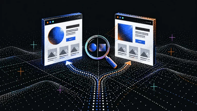 Zwei Browserfenster mit Website-Entwürfen stehen sich auf dunklem Grund gegenüber, dazwischen eine Lupe, ein gepunkteter Weg teilt sich zu beiden hin.