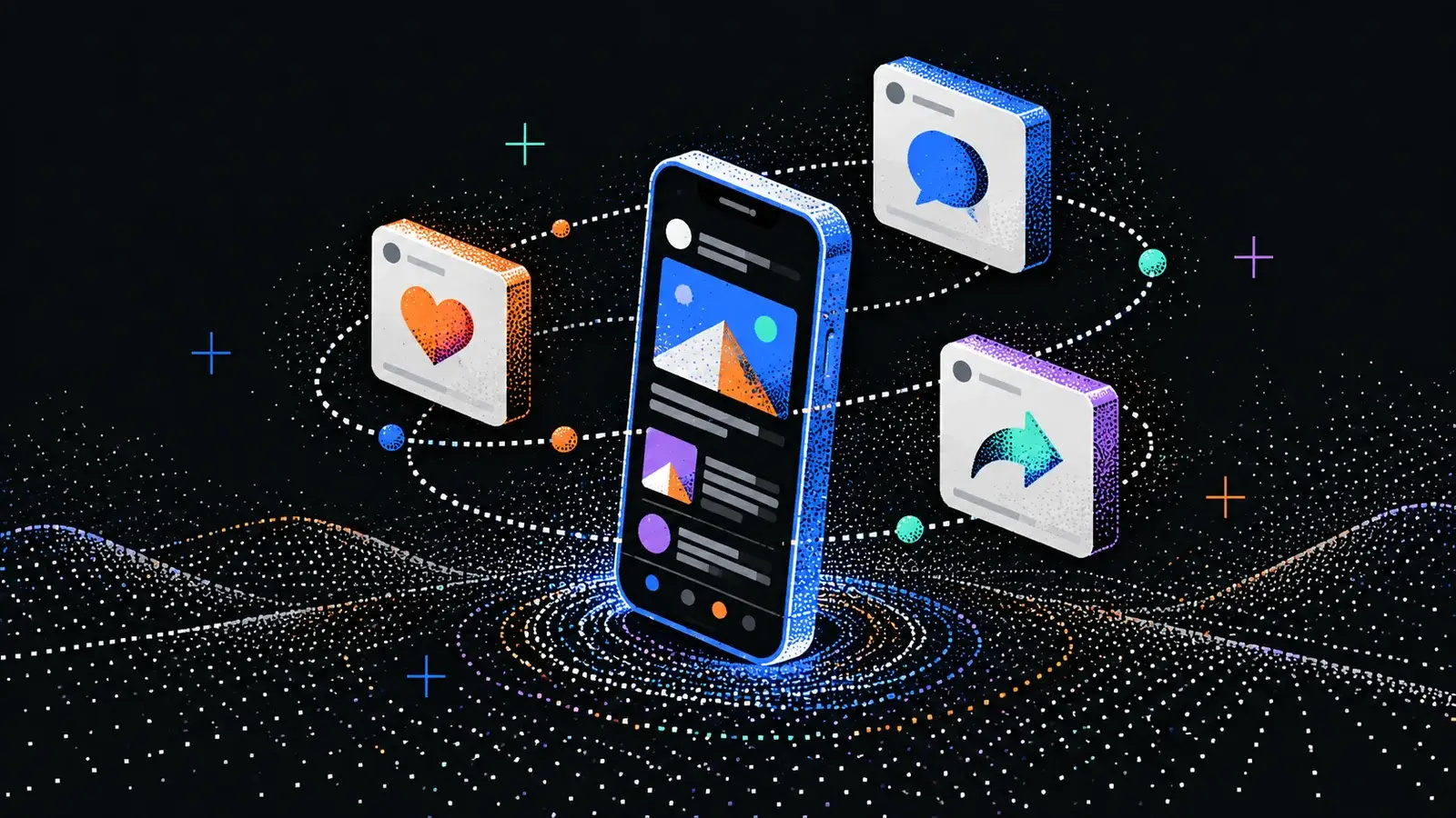 Ein Smartphone mit Beitragsbildern auf dunklem Grund, darum kreisen Symbole für Herz, Kommentar und Teilen.