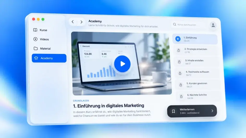 Academy-Kursansicht mit Lernvideo, Kapiteln und Fortschritt