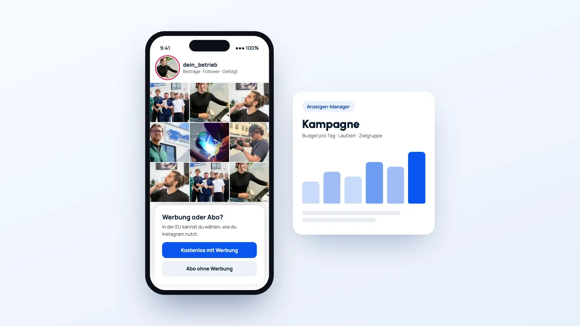 Handy mit den Instagram-Einstellungen, in denen man zwischen kostenloser Nutzung mit Werbung und einem Abo ohne Werbung wählt