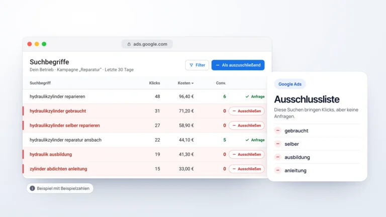 Google-Ads-Suchbegriffsbericht nach Kosten sortiert, unpassende Begriffe rot markiert