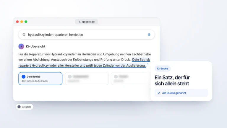 Beispiel: Google-KI-Übersicht zu „hydraulikzylinder reparieren herrieden“, der Betrieb ist als Quelle genannt