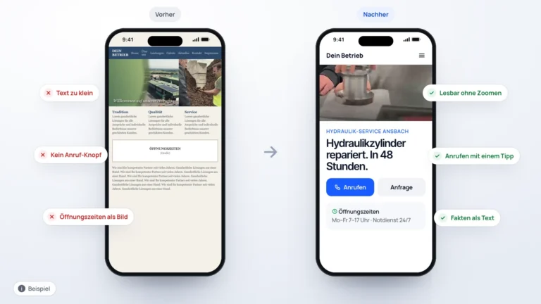 Vorher und nachher: alte und neue Website eines Hydraulik-Service am Handy, Mängel und Verbesserungen markiert