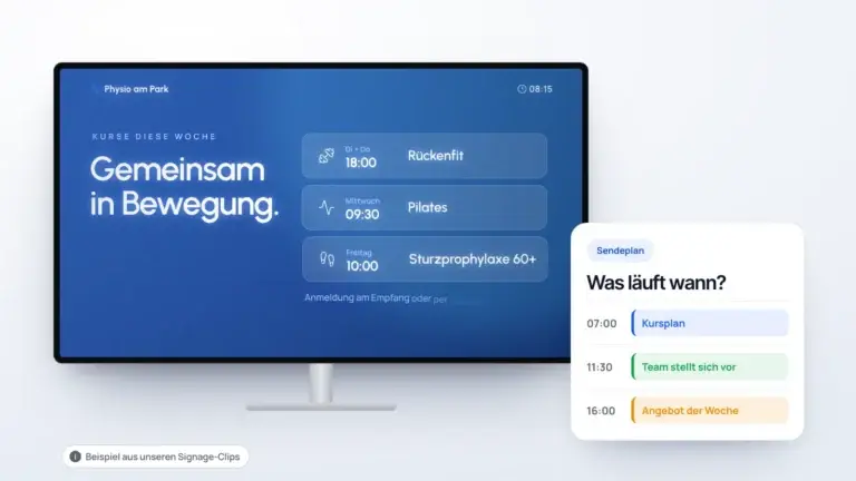 Signage-Bildschirm im Empfang einer Physiotherapie mit dem Kursplan der Woche